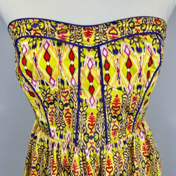 Flying Tomato Strapless Mini Dress Lemon Yellow Fit & Flare Purple Piping Small - Picture 3 of 9